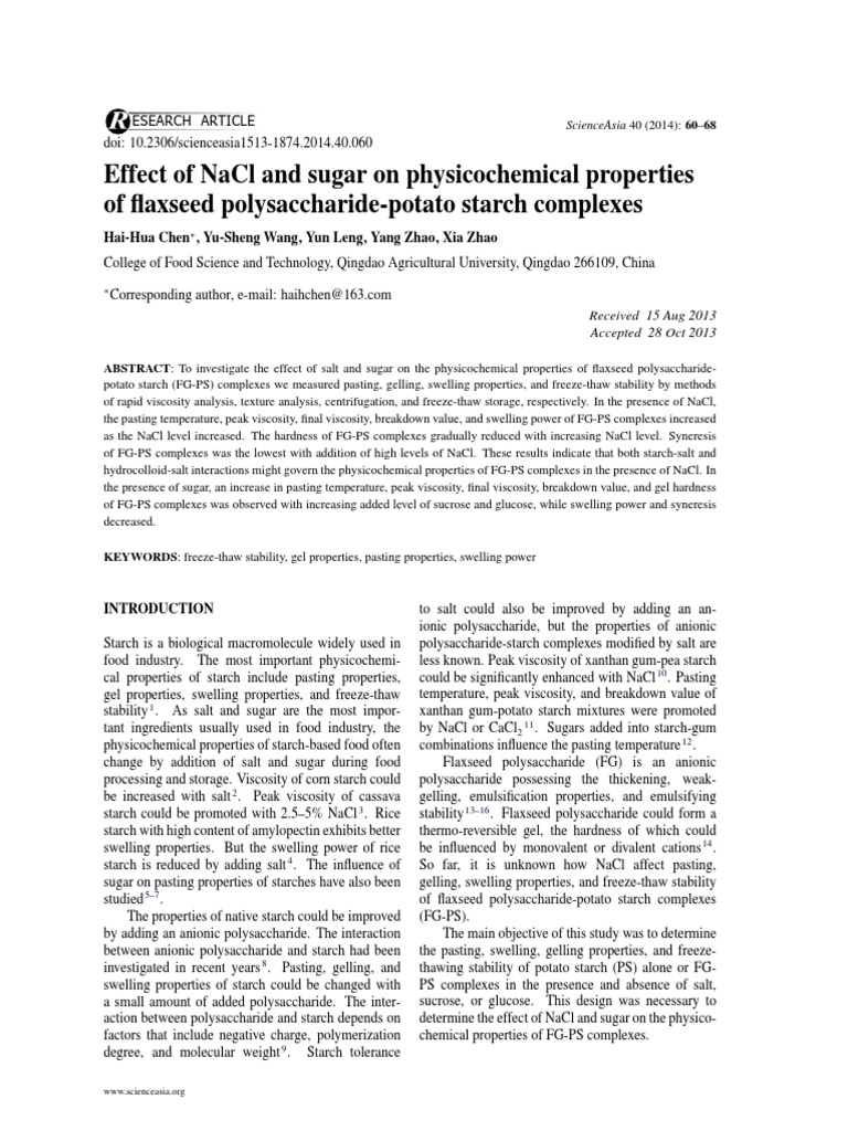 Effect of Salt and Sugar On Physiochemical Properties of Starch and Polysaccharide Complexes