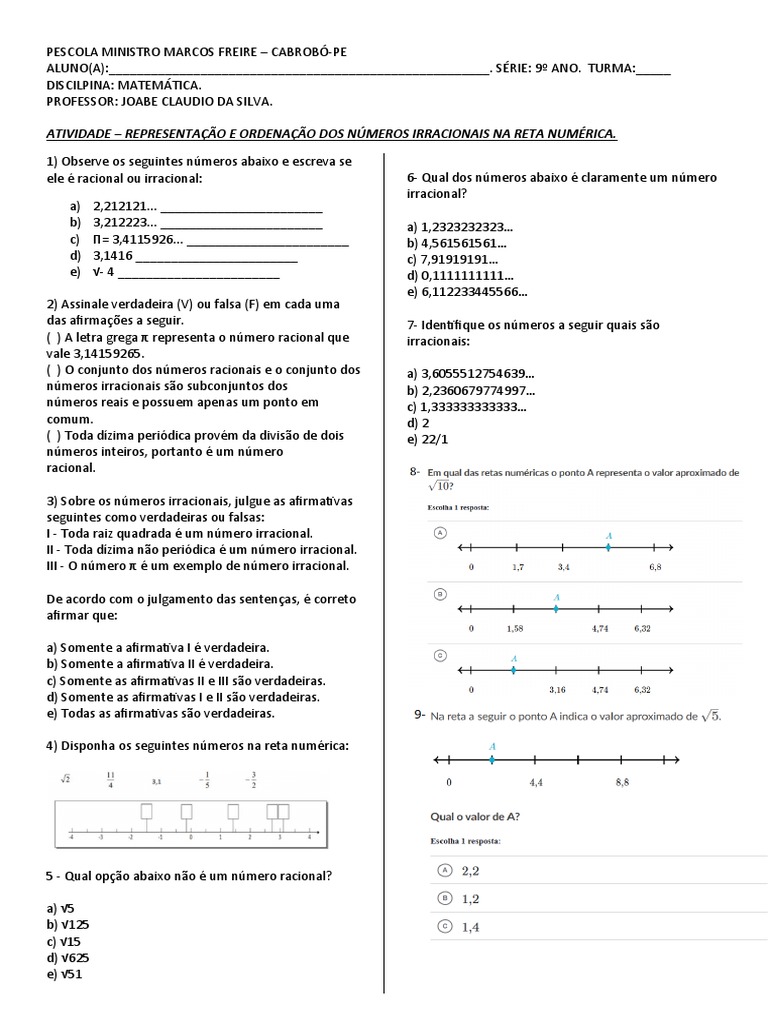 Exercícios sobre Números Irracionais 9º Ano | PDF