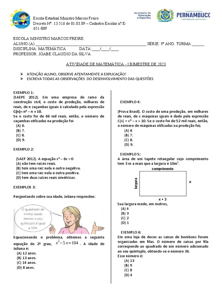 Atividade Relução de Questões Contextualizadas Equação Do 2º Grau | PDF