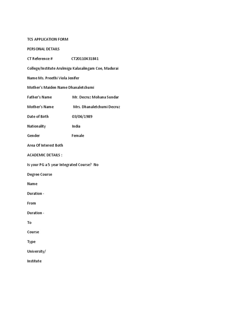 TCS Application Form for Ms. Preethi Jenifer | PDF | Justice | Crime ...