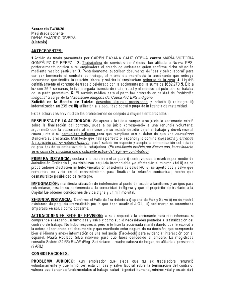 Analisis Sentencia T 438 de 2020 | PDF | Derecho laboral | Etica Aplicada