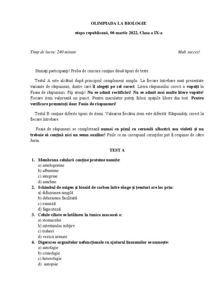 Ol22 Biologie Test 9 Ro | PDF