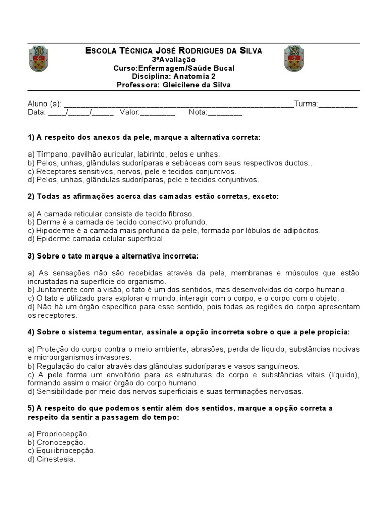 Prova Final De Anatomia 2 Pdf Pele Corpo Humano
