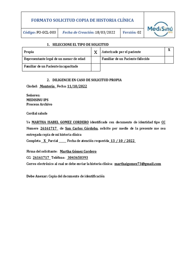 Formato Solicitud Copia de Historia Clínica: FO-GCL-003 18/03/2022 02 | PDF