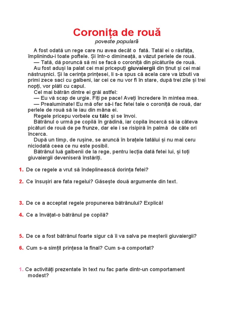Coronita de Roua, Text Si Exercitii | PDF