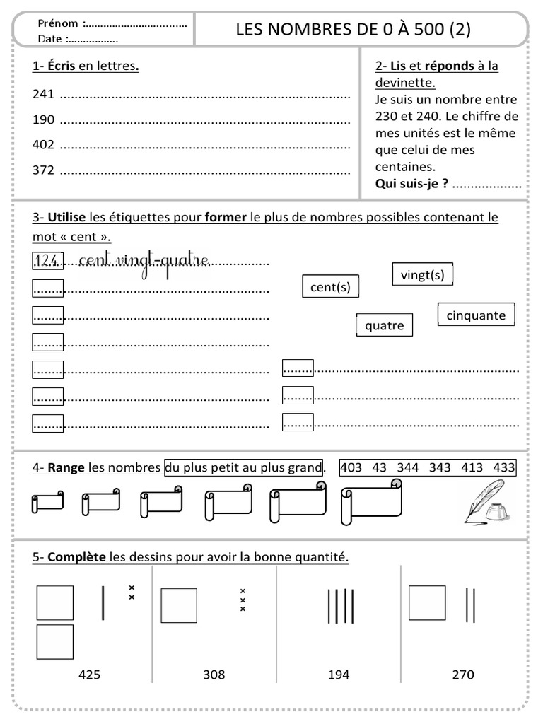Exercices sur les Nombres de 0 à 500 | PDF