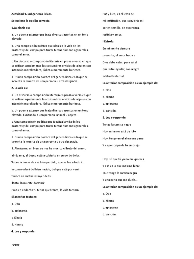 Subgéneros Líricos: Elegía y Oda | PDF | Poesía | Amor