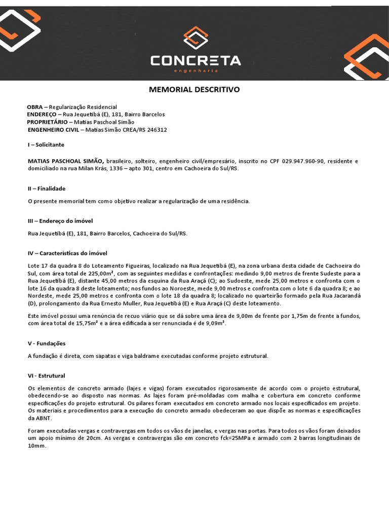 MEMORIAL DESCRITIVO Figueiras Final | PDF | Argamassa (alvenaria ...