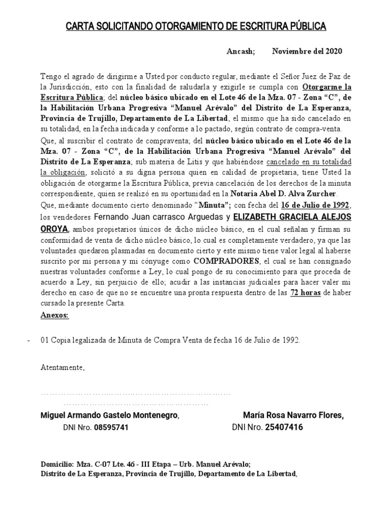 Carta Solicitando Otorgamiento de Escritura Pública | PDF | Justicia