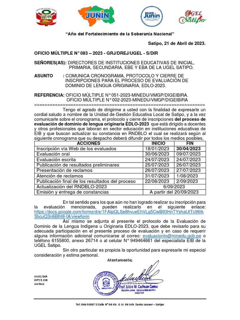 OFICIO MULTIPLE #083-2023-GRJ-DREJ-UGEL-S-DIR COMUNICANDO CRONOGRAMA Y ...