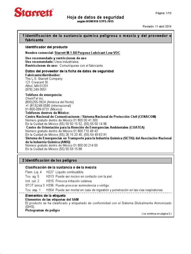 Starrett M 1 All Purpose Lubricant Low Voc Es (SDS) PDF