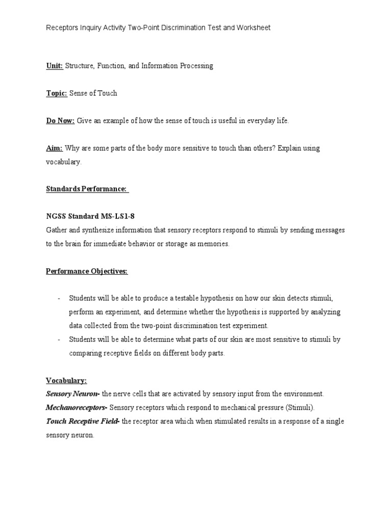 Two-Point Discrimination Lesson | PDF | Stimulus (Physiology) | Senses