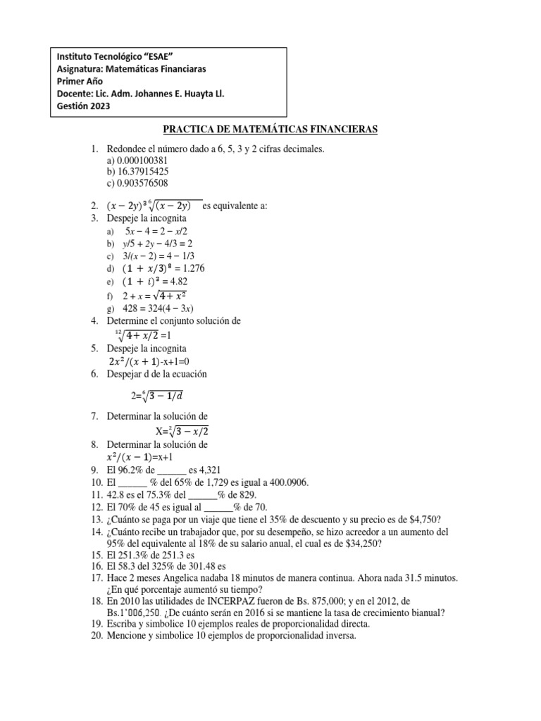 PRACTICA DE MATEMÁTICAS FINANCIERAS 1bim | PDF | Matemáticas