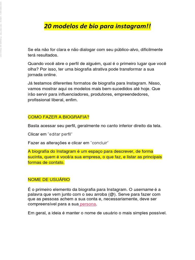 20 Modelos de Bio para Instagram PDF | PDF | Marketing | Marketing digital