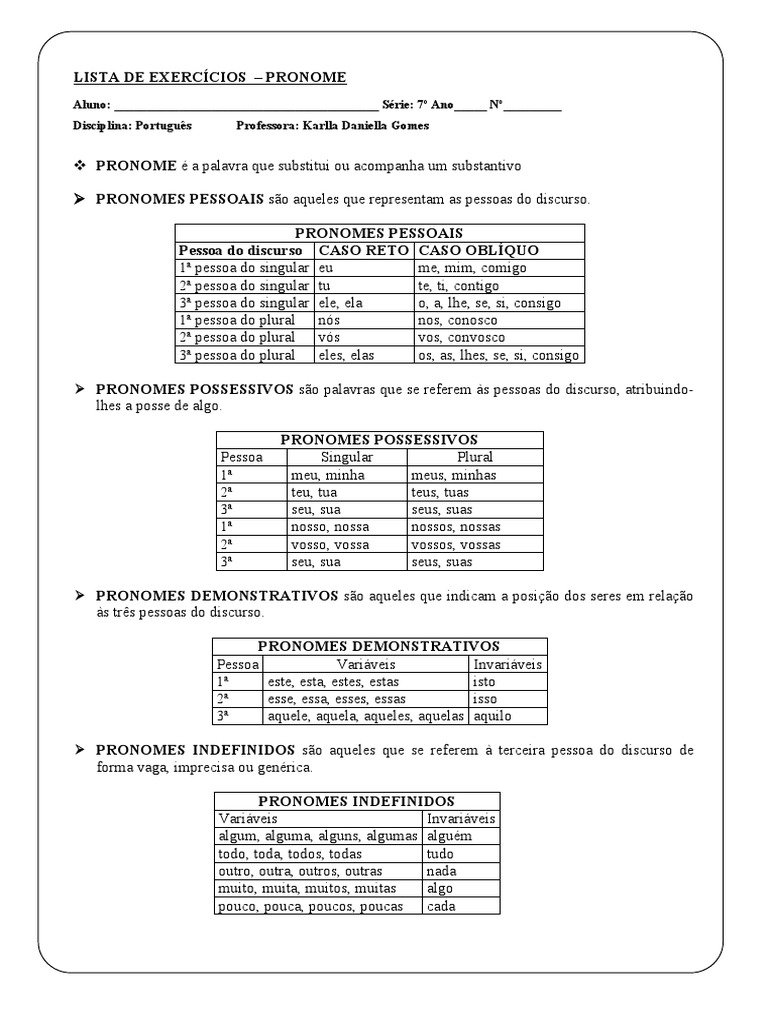 Exercícios de Pronomes para 7º Ano | PDF | Pronome | Número gramatical