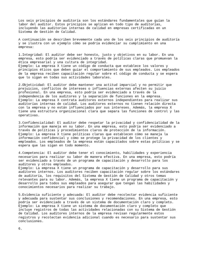 Los Seis Principios De Auditoría Pdf Auditoría Calidad Comercial