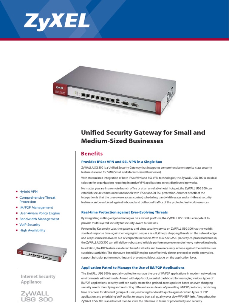 ZyWALL USG 300 Datasheet | PDF | Virtual Private Network | Voice Over Ip