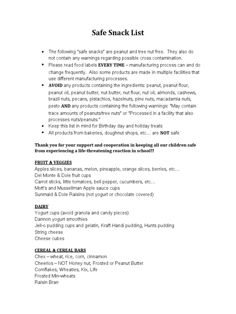 SJP Safe Snack List PDF Peanuts Nut (Fruit)