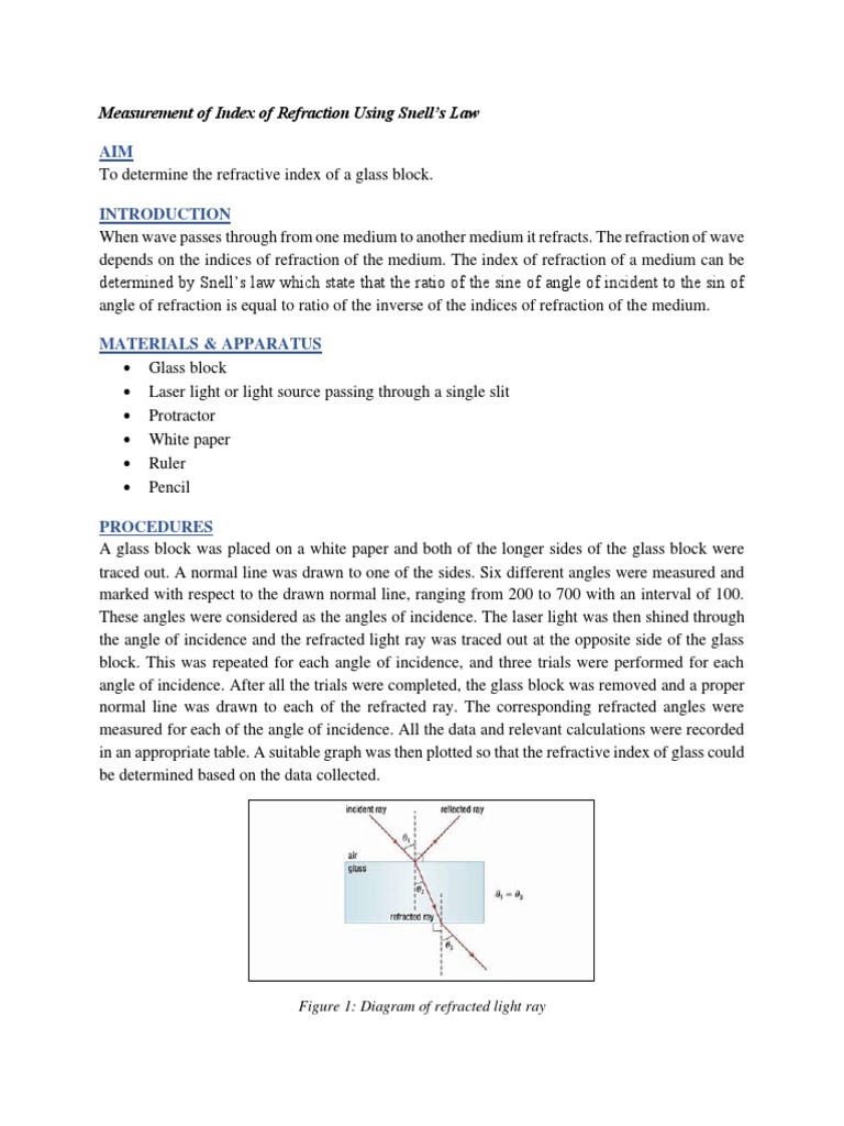 Measurement of Index of Refraction Using Snell PDF Refraction