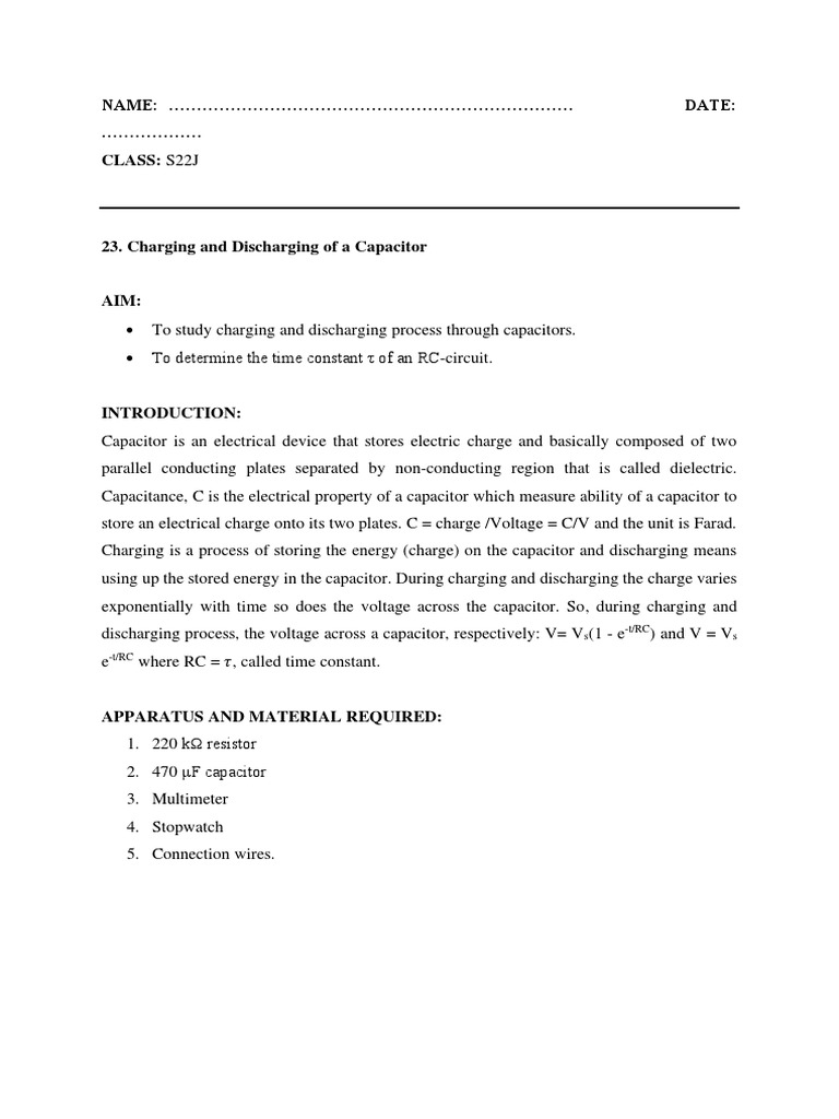 Capacitor Charging and Discharging Study | PDF | Capacitor | Electronic ...