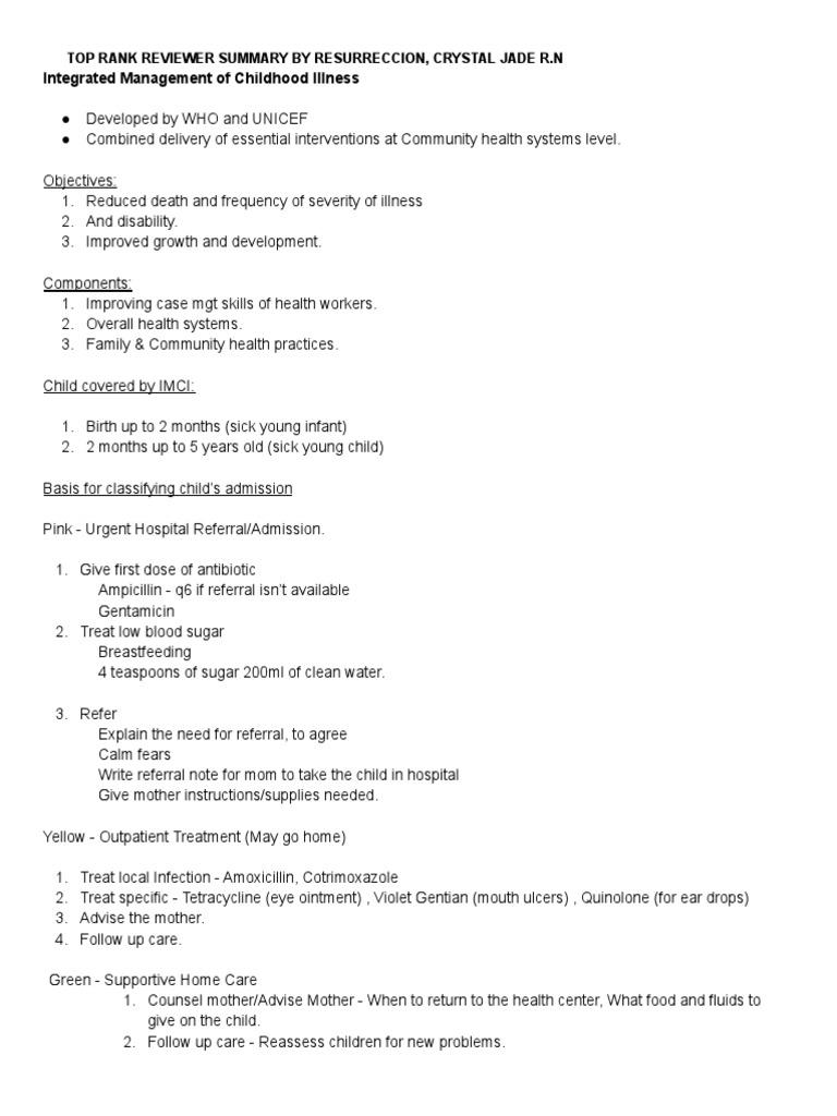 Imci Summary Toprank by Jade | PDF | Infection | Microbiology