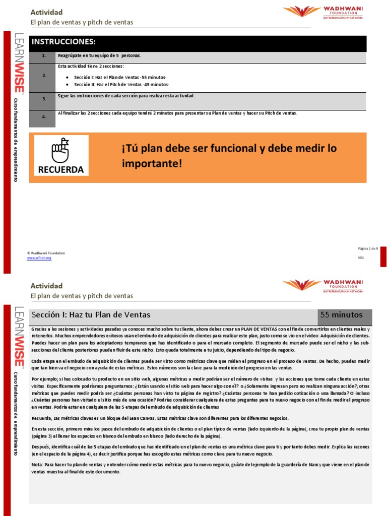 El Plan de Ventas y Pitch de Ventas Documento de Estudiante PDF PDF