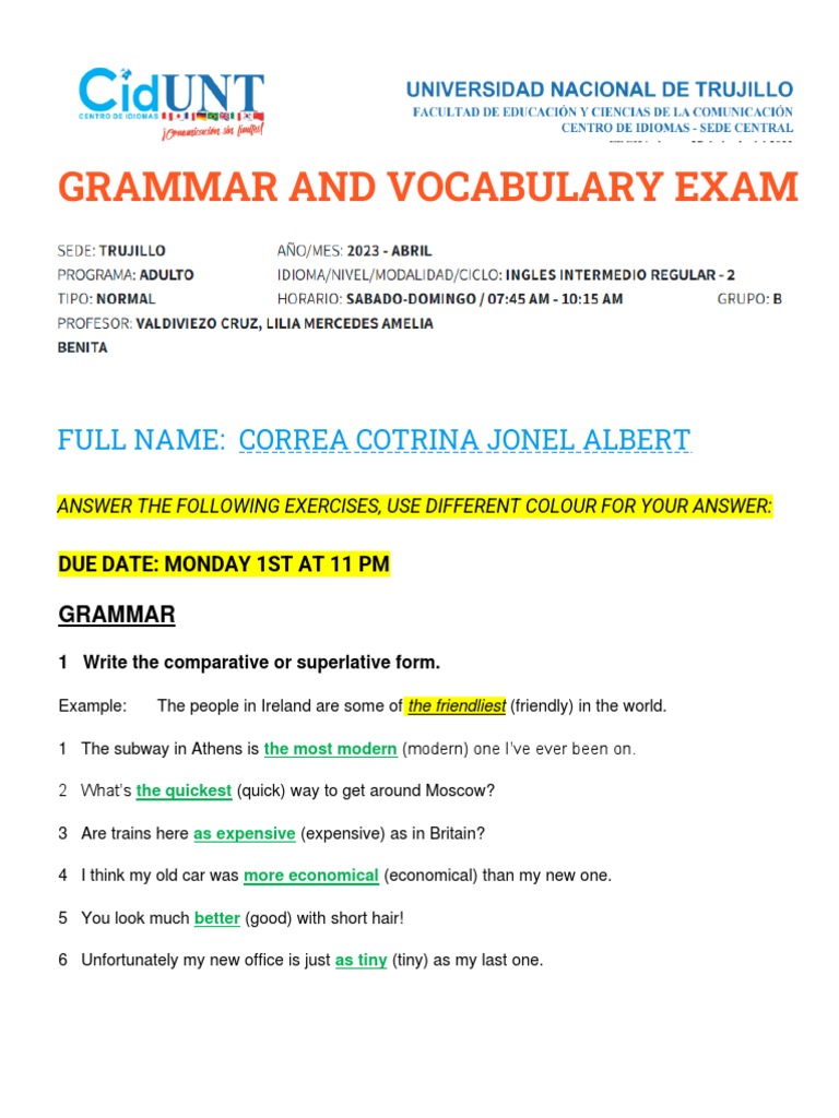 Grammar and Vocabulary Exam Guide | PDF | Linguistics | Languages