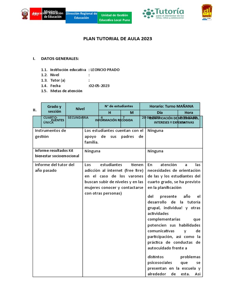 Plan Tutorial 2023 para Secundaria Puno | PDF
