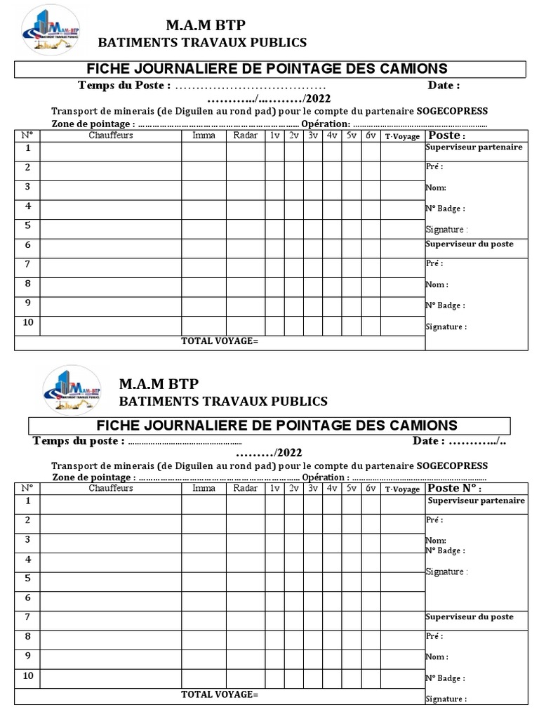 Fiche de Pointage Journalier Camions | PDF