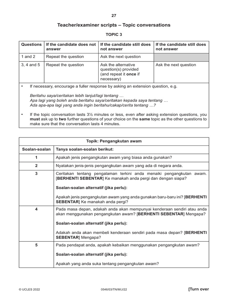 Teacher/examiner Scripts - Topic Conversations | PDF