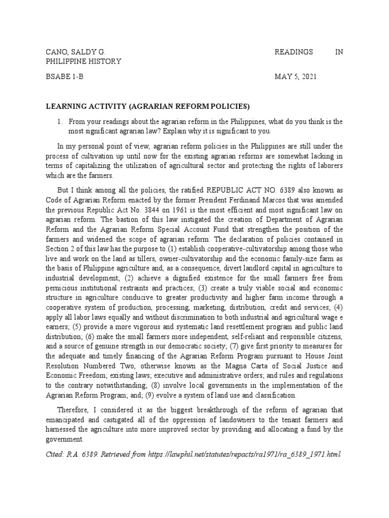 Agrarian Reform Policies PDF Economies