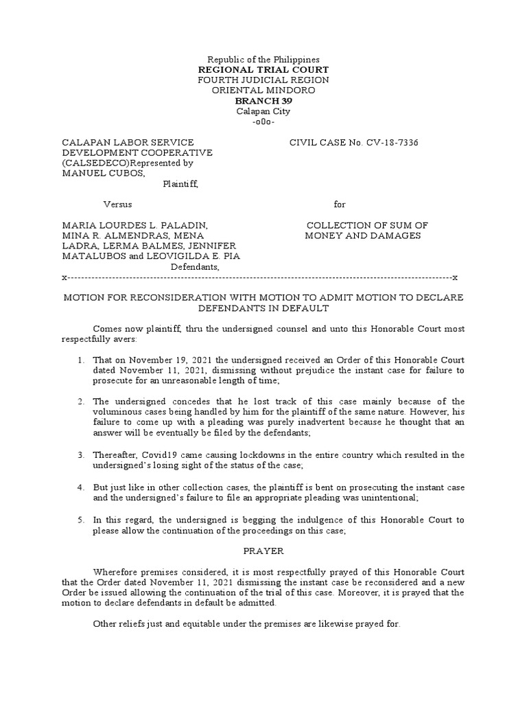 Motion For Reconsideration - Paladin Calsedeco 18 7336 | PDF | Law