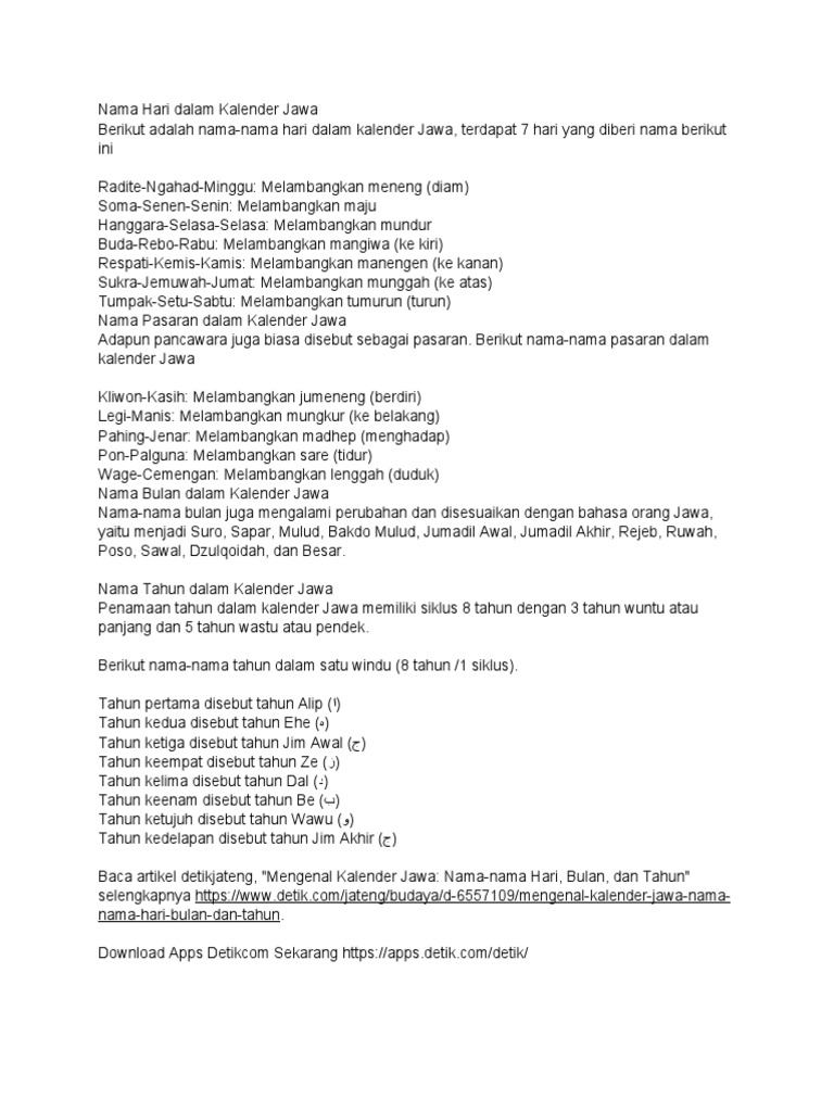 Nama Nama Hari Bulan Tahun Dan Pasaran Dalam Kalender Jawa Pdf