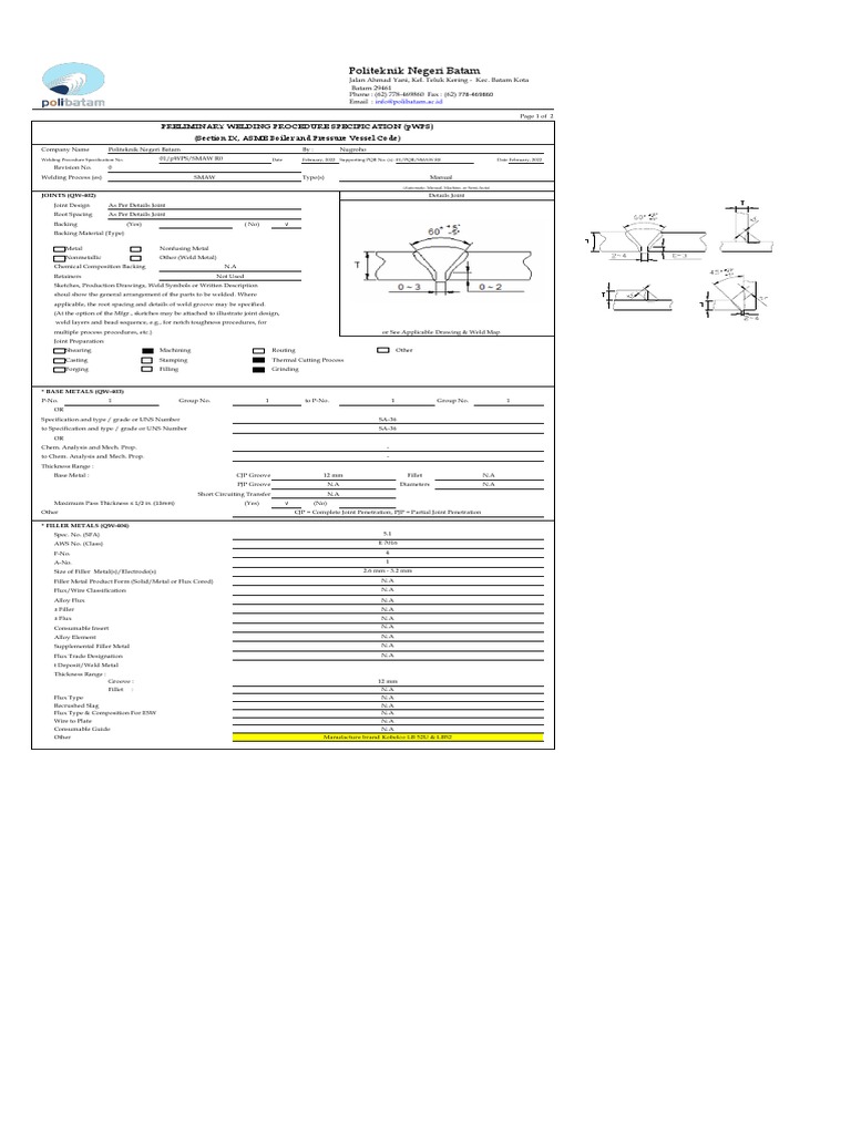 SMAW 2G Preliminary Welding Procedure | PDF | Welding | Construction