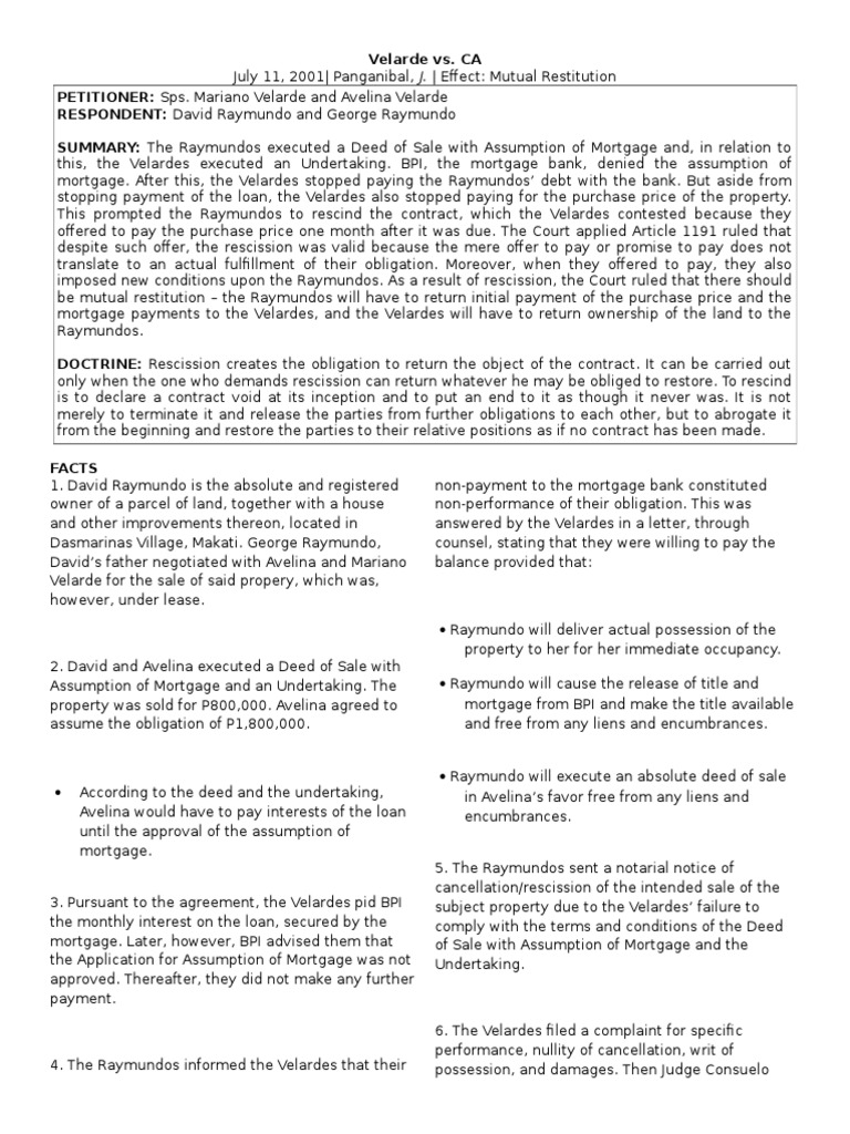 Velarde vs. CA: Contract Rescission Ruling | PDF | Mortgage Law ...