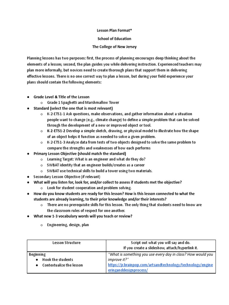 Unit Lesson Plan Spaghetti and Marshmallow Tower 1 PDF Lesson Plan Education Theory