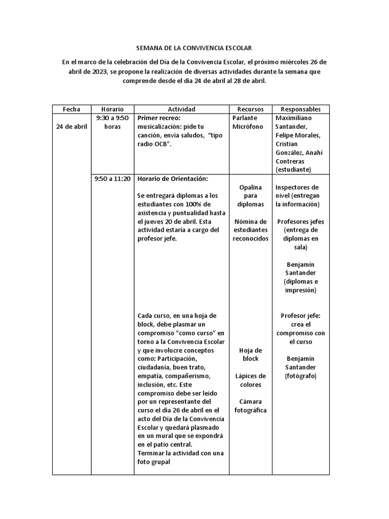 Programación - Semana de La Convivencia Escolar | PDF