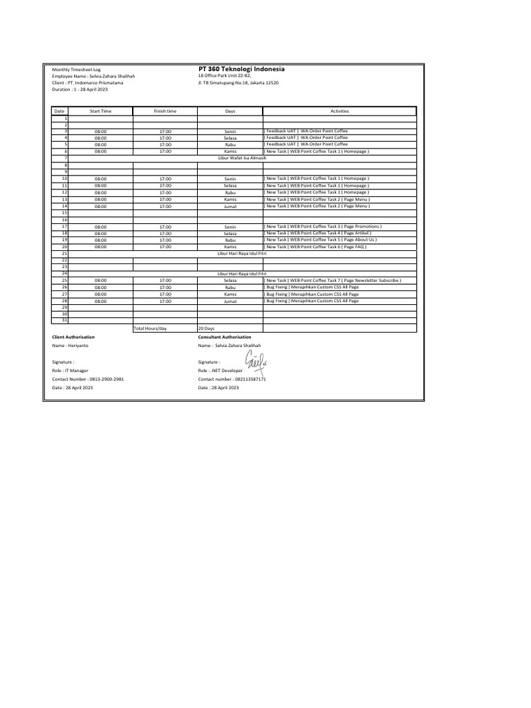 Timesheet Selvia Apr PDF | PDF