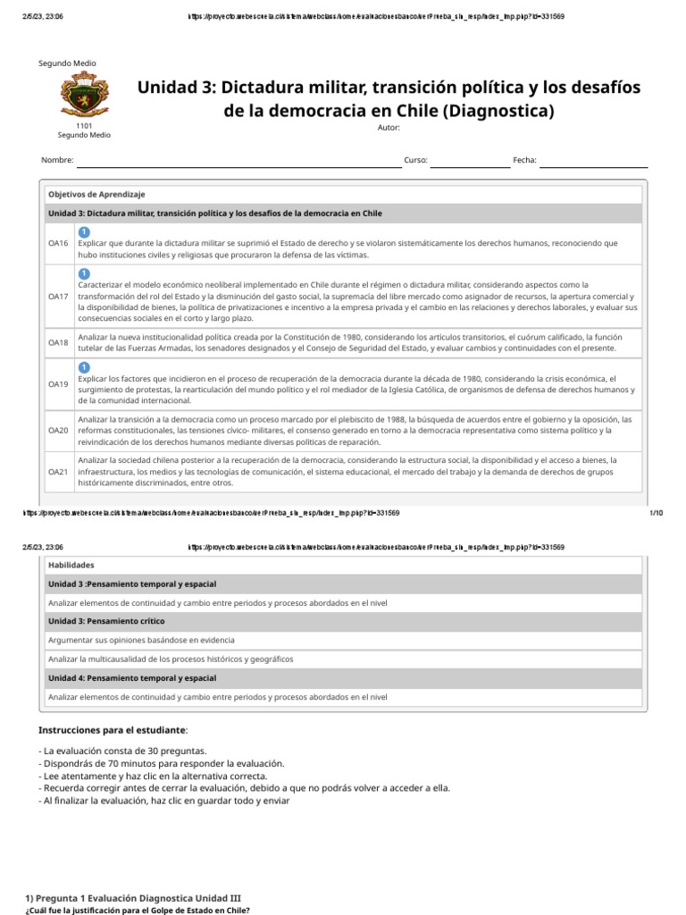 Evaluación sobre Dictadura y Democracia en Chile | PDF | Democracia ...
