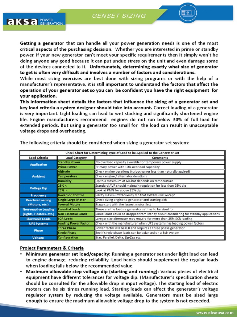 Sizing of Generator Sets PDF Electric Power Electric Motor