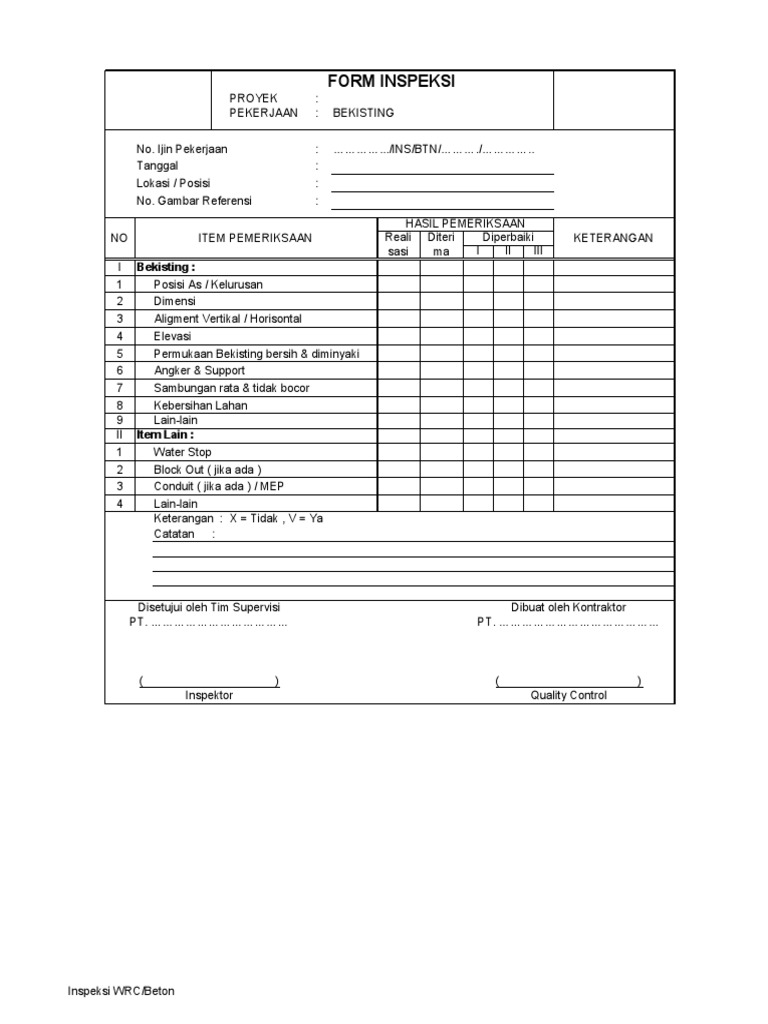 Formulir Cek Quality Control Bekisting | PDF