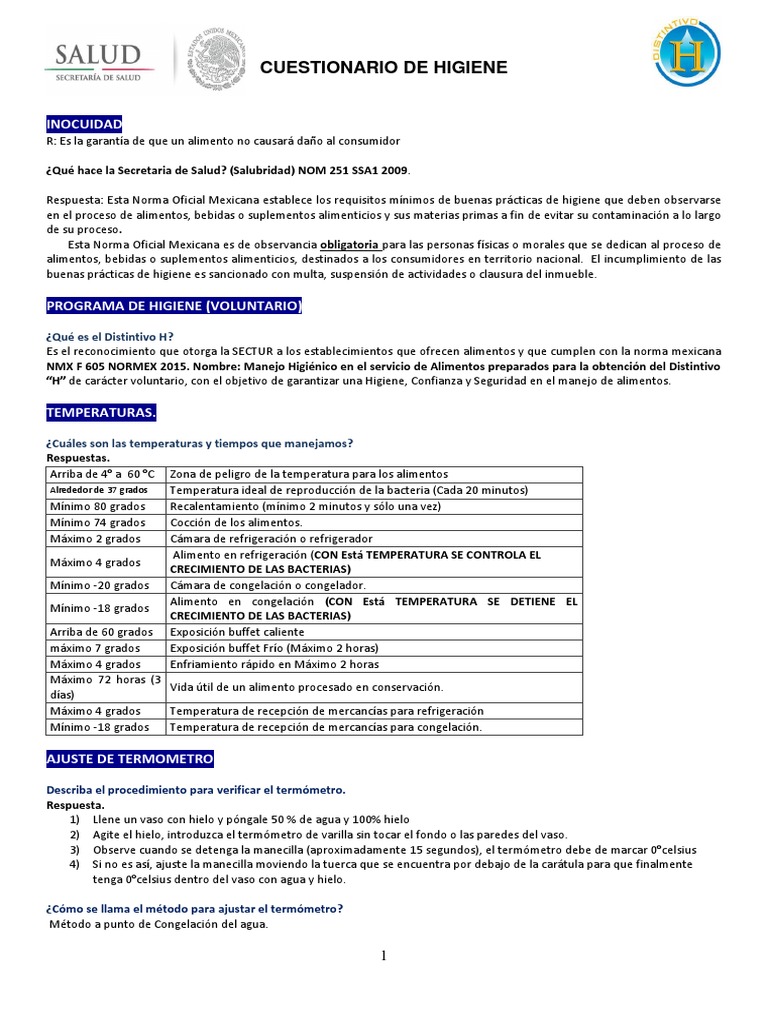 CUESTIONARIO DISTINTIVO H 2018 | PDF | Alimentos | Lavado de manos
