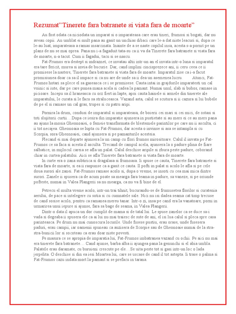 Rezumat Tinerete Fara Batranete Rezumat ”Tinerete fara batranete si viata fara de moarte” | PDF