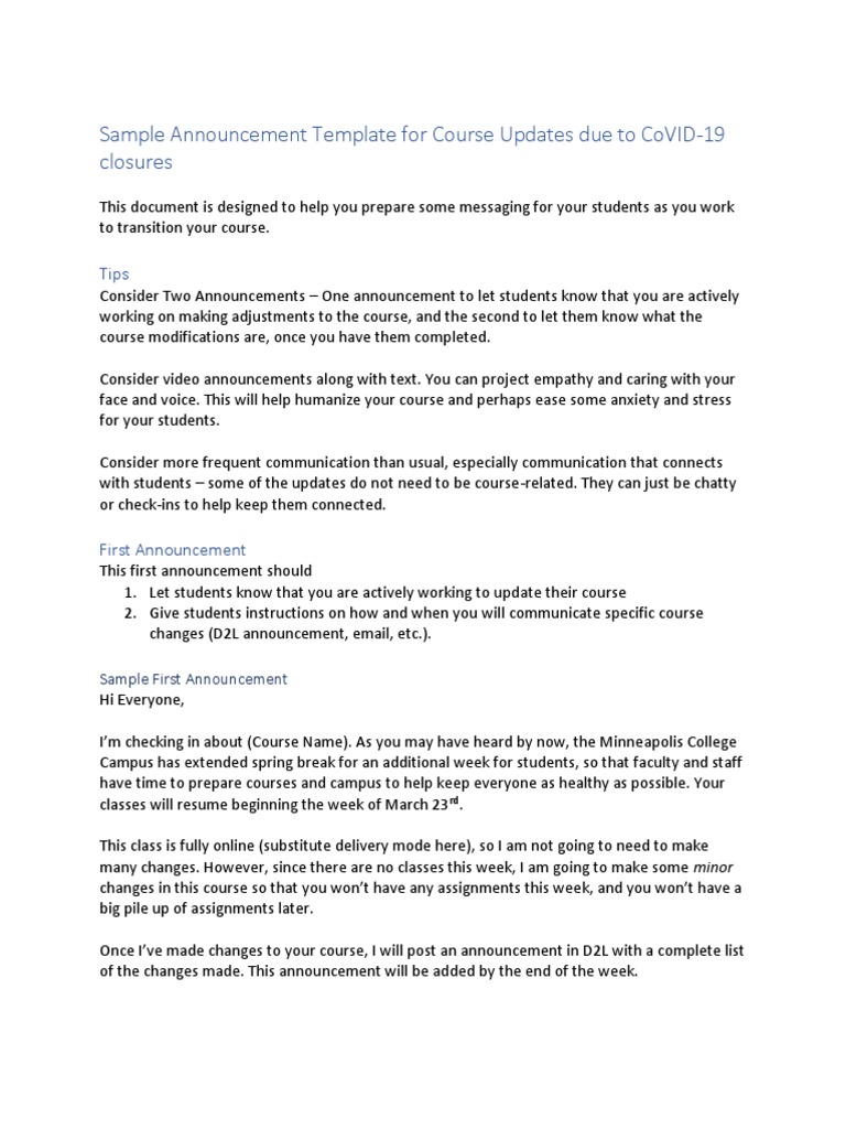 Course Update Announcement Template | PDF | Educational Technology ...