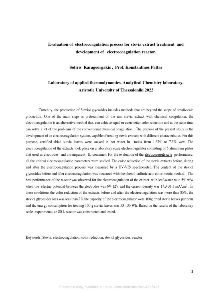 Electrocoagulation Process For Stevia Extract Treatment PDF PDF Ph