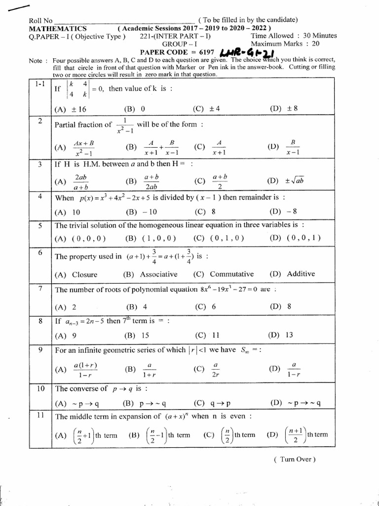 Mathematics 11 LHR (G1+G2) 21 PDF | PDF