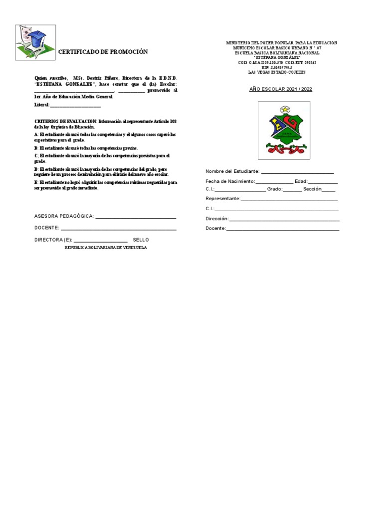Certificado de Promoción Escolar | PDF | Aprendizaje