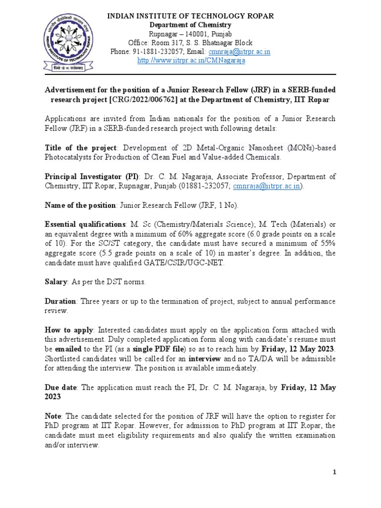 Advertisement For Jrf Position In The Dept Of Chemistry Under Serb