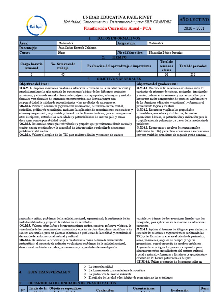 Planificación Curricular Anual - PCA 10mo Año Básico | PDF | Ecuaciones ...