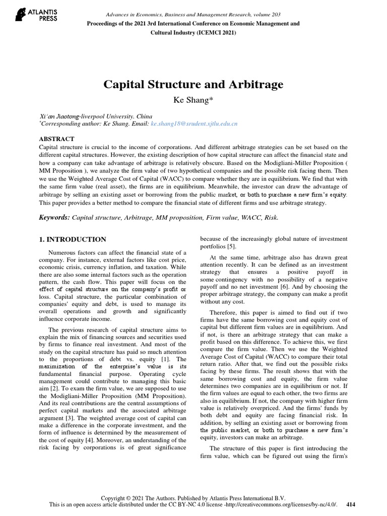 Capital Structure and Arbitrage Ke Shang PDF Cost Of Capital Capital Structure